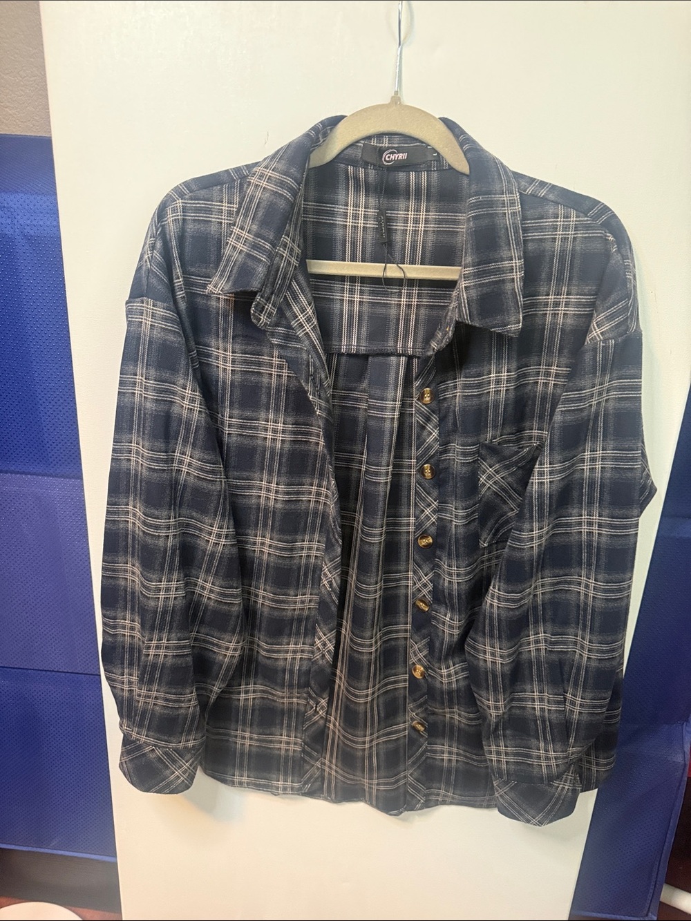 Men'/Women Navy Plaid Button-Up Shirt